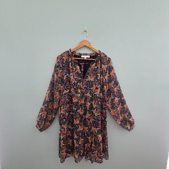 LOFT FLORAL BABYDOLL DRESS WITH LONG SLEEVES, BLACK/MULTI-COLORED FLOWERS Medium - Picture 1 of 13